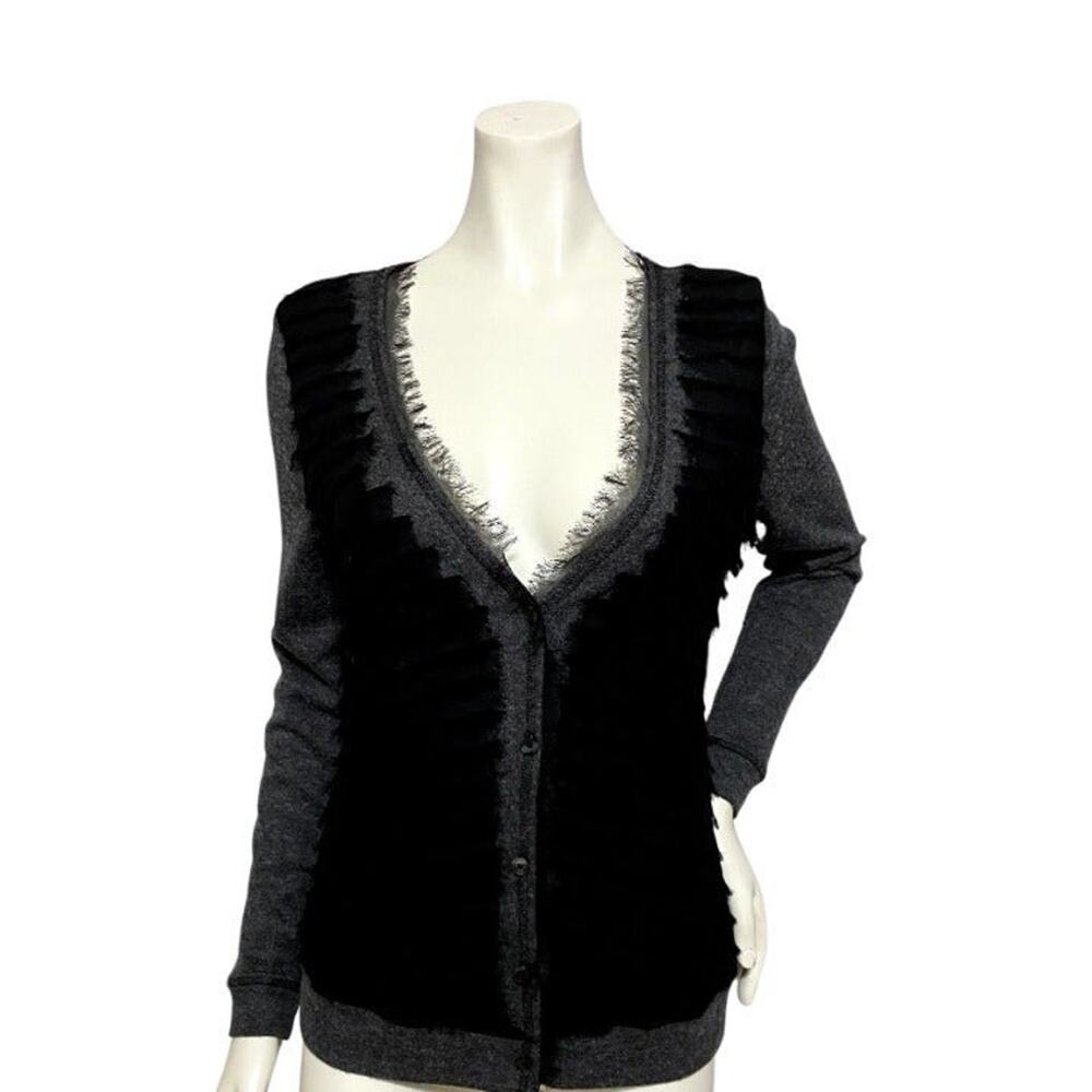 Simply Vera Wang  Charcoal Gray Fringe Button-Up Sweater Size Medium